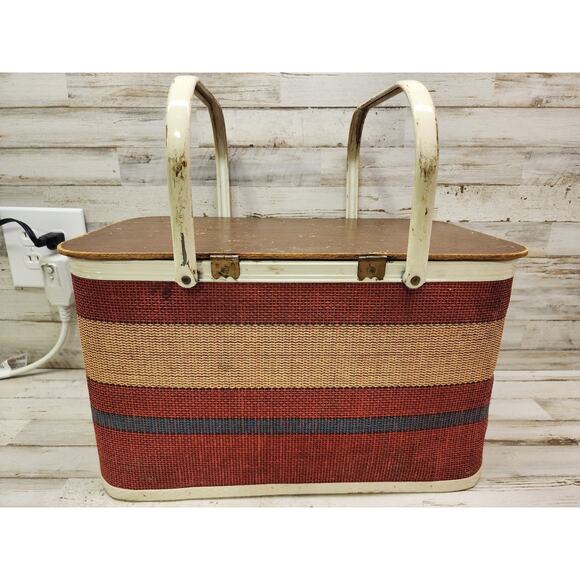 Vintage Red White Blue REDMON Woven Picnic Basket PATRIOTIC Americana Metal Hand - Picture 6 of 12